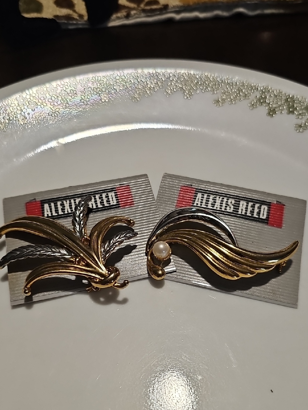 Alexis Reed Gold & Silver Tone Leaf Brooches with Pearl Accent